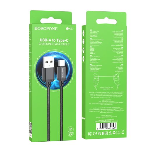 USB кабель BOROFONE BX87 Sharp плетений нейлон USB - Type-C, чорний