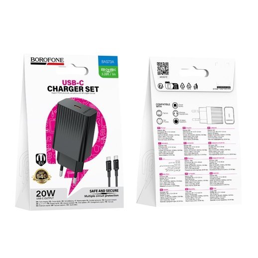 Мережевий зарядний пристрій BOROFONE BAS73A PD 20W USB-C + кабель TYPE-C - TYPE-C, чорний