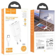 Мережевий зарядний пристрій HOCO C88A 2*USB 2.4A + кабель USB - TYPE-C, білий