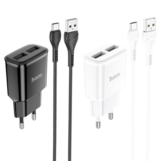 Мережевий зарядний пристрій HOCO C88A 2*USB 2.4A + кабель USB - TYPE-C, білий