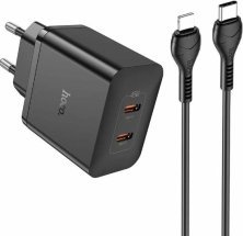 Мережевий зарядний пристрій HOCO N35 PD 45W 2 TYPE-C + кабель TYPE-C - LIGHTNING, чорний