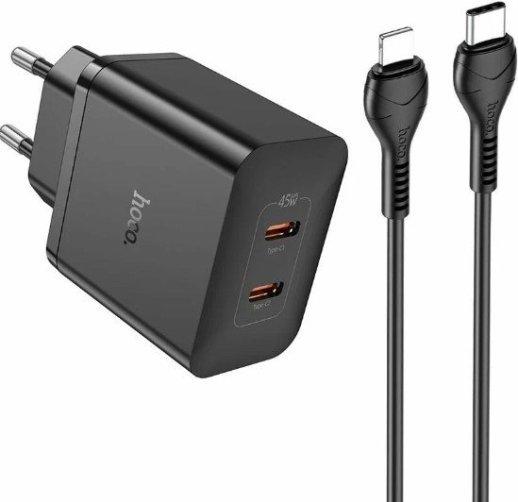 Мережевий зарядний пристрій HOCO N35 PD 45W 2 TYPE-C + кабель TYPE-C - LIGHTNING, чорний
