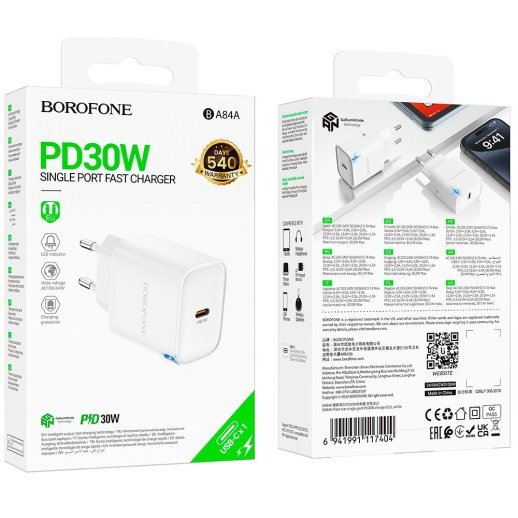 Мережевий зарядний пристрій BOROFONE BA84A TYPE-C PD 30W, білий