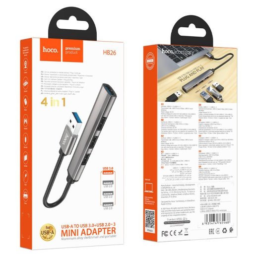 USB-хаб HOCO HB26 4В1 роз'єм USB-A (1 порт USB 3.0 + 3 порти USB 2.0)