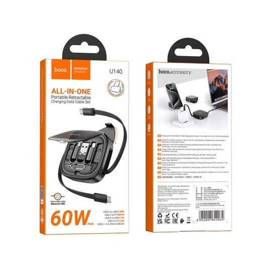 USB-C кабель HOCO U140 3в1 Type-C to Type-C с переходниками с Type-C на MicroUSB, Lightning, USB, 60W, 0.95 метра, чёрный