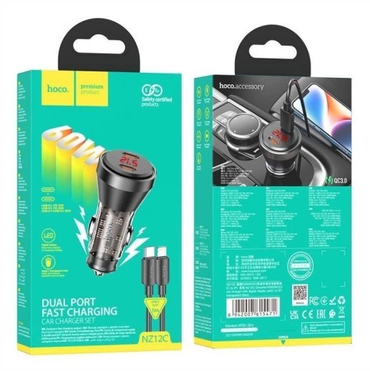Автомобільний зарядний пристрій HOCO NZ12C 2 Type-C PD 60W + кабель TYPE-C - LIGHTNING