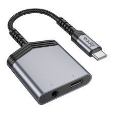 Адаптер HOCO LS39 Type-C - Type-C + 3,5 мм цифровий (з підтримкою заряджання та мікрофона), металік-сірий