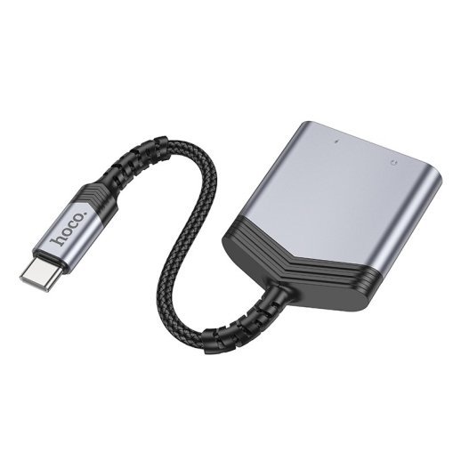 Адаптер HOCO LS39 Type-C - Type-C + 3,5 мм цифровий (з підтримкою заряджання та мікрофона), металік-сірий