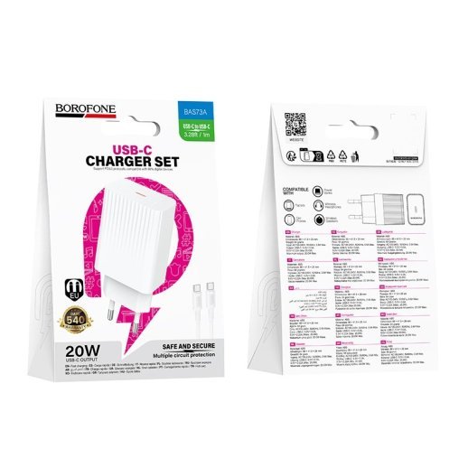 Мережевий зарядний пристрій BOROFONE BAS73A PD 20W USB-C + кабель TYPE-C - TYPE-C, білий