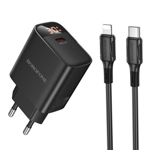 Мережевий зарядний пристрій BOROFONE BA97A TYPE-C PD 30W + кабель TYPE-C - LIGHTNING, чорний