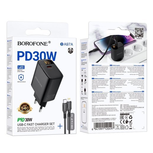 Мережевий зарядний пристрій BOROFONE BA97A TYPE-C PD 30W + кабель TYPE-C - LIGHTNING, чорний