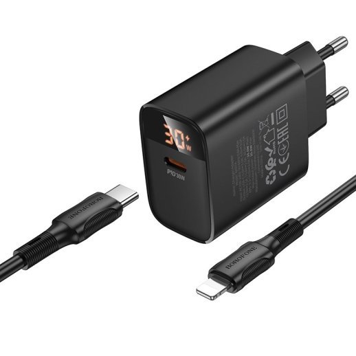 Мережевий зарядний пристрій BOROFONE BA97A TYPE-C PD 30W + кабель TYPE-C - LIGHTNING, чорний