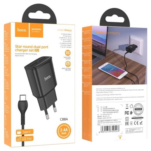 Мережевий зарядний пристрій HOCO C88A 2*USB 2.4A + кабель USB - TYPE-C, чорний