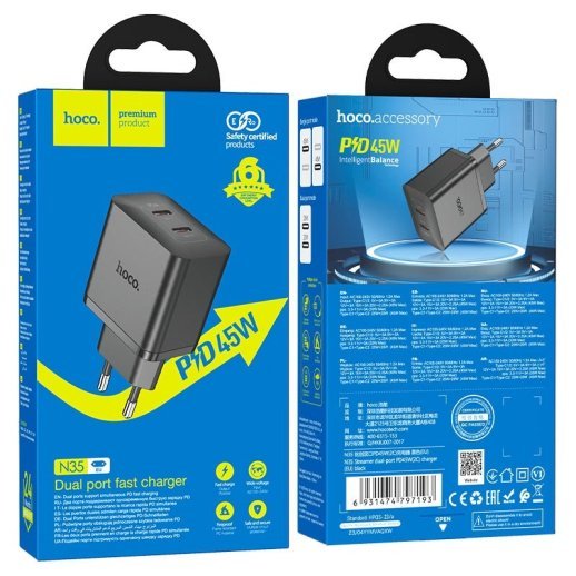 Мережевий зарядний пристрій HOCO N35 PD 45W 2 TYPE-C, ЧОРНИЙ
