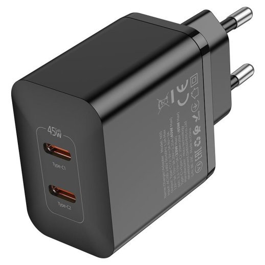 Мережевий зарядний пристрій HOCO N35 PD 45W 2 TYPE-C, ЧОРНИЙ