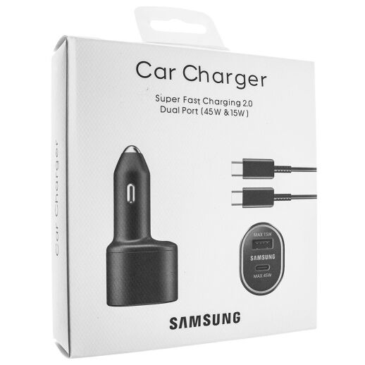 Автомобильное зарядное устройство для SAMSUNG 2в1 TYPE-C 45W / USB 15W + кабель TYPE-C - TYPE-C, черный в упаковке