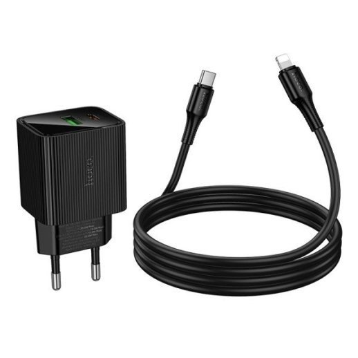 Мережевий зарядний пристрій HOCO CS83A Excellent PD20W + QC3.0 з цифровим дисплеєм + кабель TYPE-C - LIGHTNING, чорний