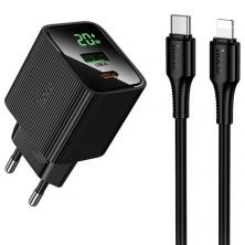 Мережевий зарядний пристрій HOCO CS83A Excellent PD20W + QC3.0 з цифровим дисплеєм + кабель TYPE-C - LIGHTNING, чорний