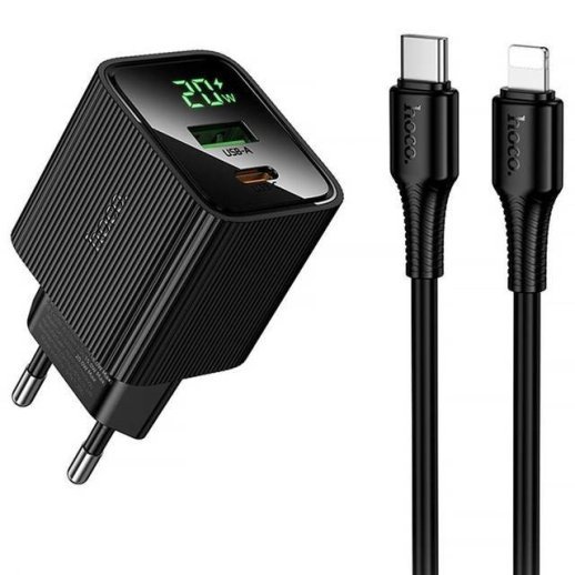 Мережевий зарядний пристрій HOCO CS83A Excellent PD20W + QC3.0 з цифровим дисплеєм + кабель TYPE-C - LIGHTNING, чорний