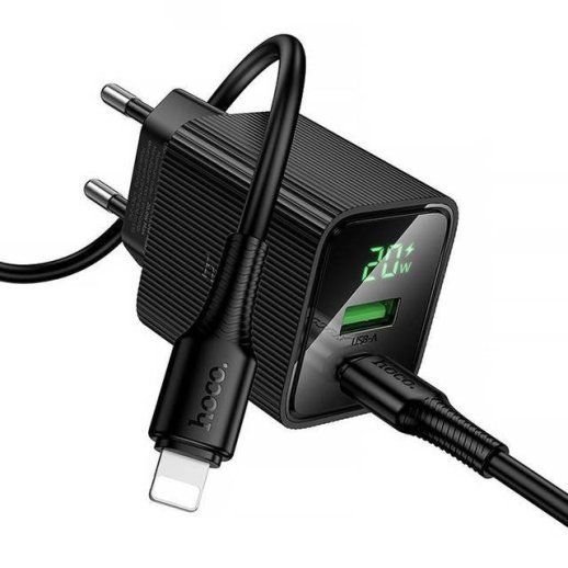 Мережевий зарядний пристрій HOCO CS83A Excellent PD20W + QC3.0 з цифровим дисплеєм + кабель TYPE-C - LIGHTNING, чорний
