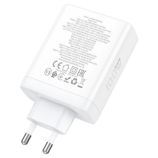 Мережевий зарядний пристрій HOCO N31 PD 100W (3*TYPE-C + 1*USB QC 3.0), GaN, білий
