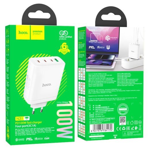 Мережевий зарядний пристрій HOCO N31 PD 100W (3*TYPE-C + 1*USB QC 3.0), GaN, білий