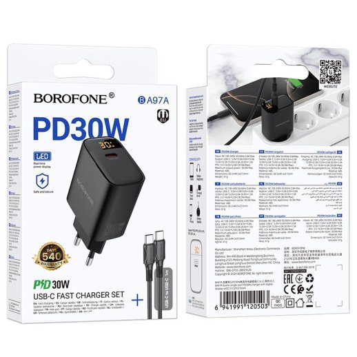 Мережевий зарядний пристрій BOROFONE BA97A TYPE-C PD 30W + кабель TYPE-C - TYPE-C, чорний