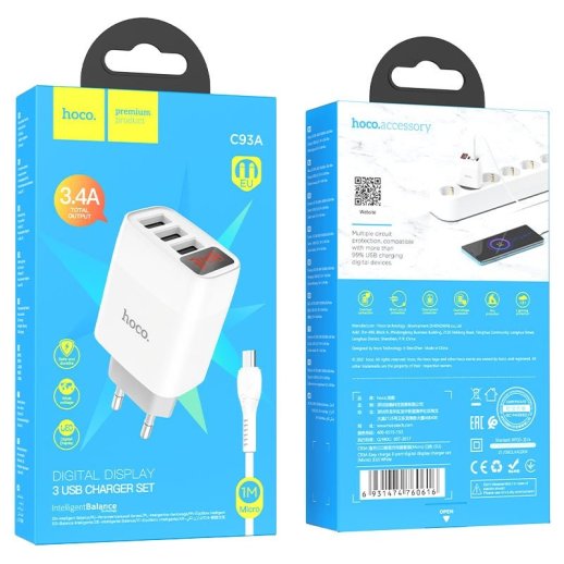 Мережевий зарядний пристрій HOCO C93A 3 USB 3.4A + кабель USB - MICRO