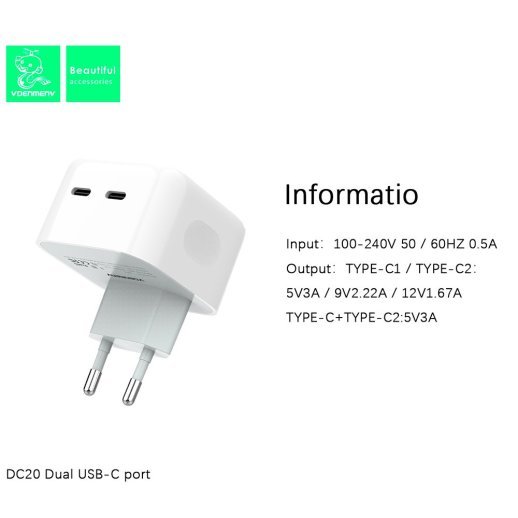Мережевий зарядний пристрій DENMEN DC20 35W 2 TYPE-C
