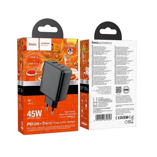 Мережевий зарядний пристрій HOCO CS26A 2*TYPE-C PD 45W + USB QC 3.0,чорний