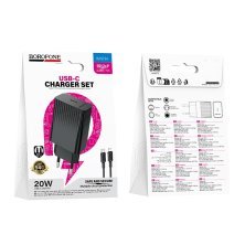 Мережевий зарядний пристрій BOROFONE BAS73A PD 20W USB-C + кабель TYPE-C - LIGHTNING, чорний
