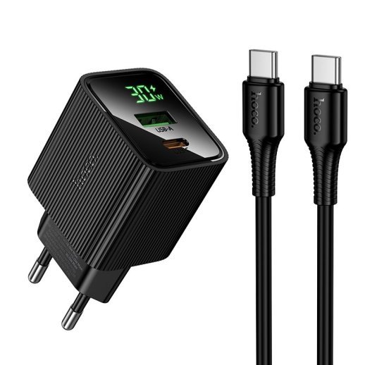 Мережевий зарядний пристрій HOCO CS84A Excellent PD30W + QC3.0 з цифровим дисплеєм + кабель TYPE-C - TYPE-C, чорний