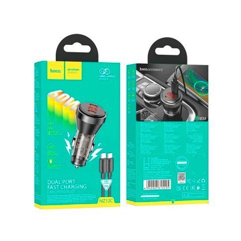 Автомобільний зарядний пристрій HOCO NZ12C 2 Type-C PD 60W + кабель TYPE-C - TYPE-C, ЧОРНИЙ