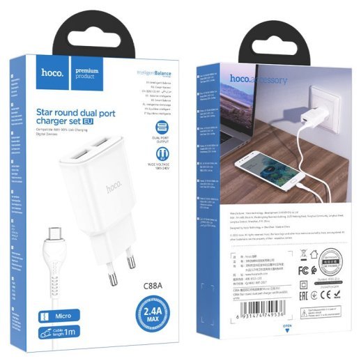СЗУ HOCO C88A (2USB/2.4A) + microUSB (12pc) (белый)