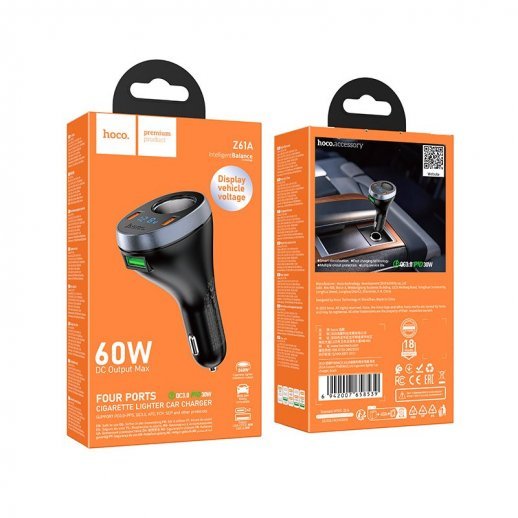 Автомобильное зарядное устройство HOCO Z61A 60W 2×Type-C PD + USB-A QC3.0, чёрное
