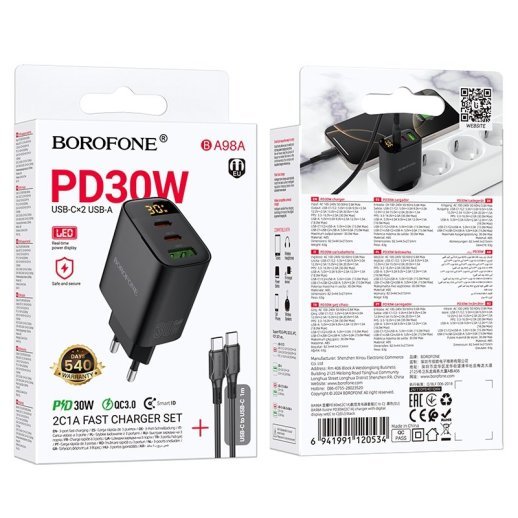 Мережевий зарядний пристрій BOROFONE BA98A TYPE-C*2 PD 30W / USB QC3.0 + кабель TYPE-C - TYPE-C, чорний