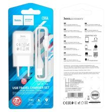 Мережевий зарядний пристрій HOCO C96A USB 2.1A + кабель USB - Lightning, білий