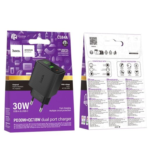 Мережевий зарядний пристрій HOCO CS84A Excellent PD30W + QC3.0 з цифровим дисплеєм, чорний