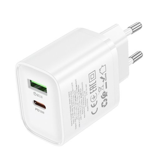 Мережевий зарядний пристрій BOROFONE BA83A TYPE-C PD 20W + USB QC3.0, білий