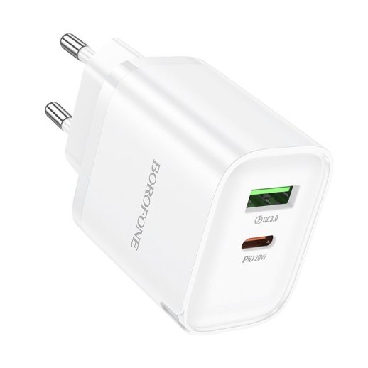 Мережевий зарядний пристрій BOROFONE BA83A TYPE-C PD 20W + USB QC3.0, білий