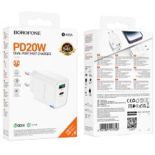 Мережевий зарядний пристрій BOROFONE BA83A TYPE-C PD 20W + USB QC3.0, білий