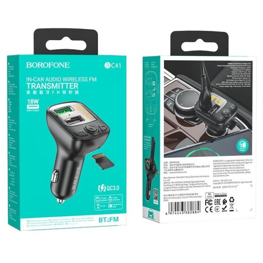 FM Модулятор BOROFONE BC41 з підтримкою швидкого заряджання QC3.0  Bluetooth / гучномовець