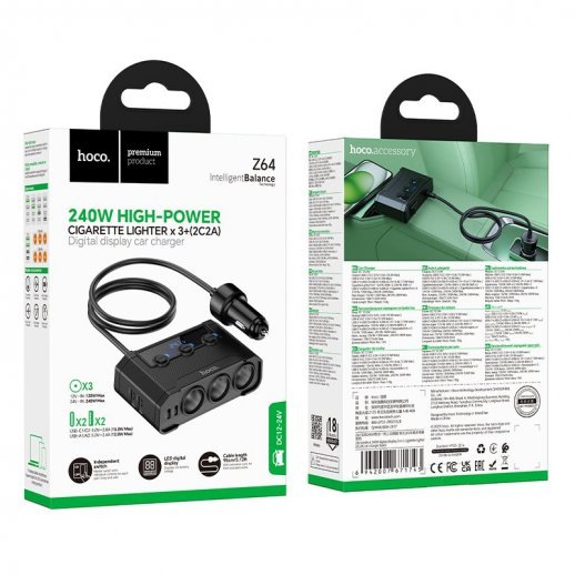 Автомобильное зарядное устройство-разветвитель Z64 Anshun 240W digital display 3-in-1 cigarette lighter(2C2A) car charger