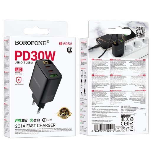Мережевий зарядний пристрій BOROFONE BA98A TYPE-C*2 PD 30W / USB QC3.0, чорний