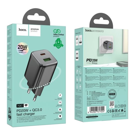 Мережевий зарядний пристрій HOCO N41 TYPE-C PD 20W + USB QC 3.0, чорний