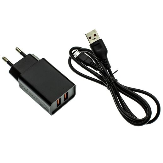 Мережевий зарядний пристрій DENMEN DC02V + CABLE Micro-USB 2.1A 2USB ЧОРНИЙ