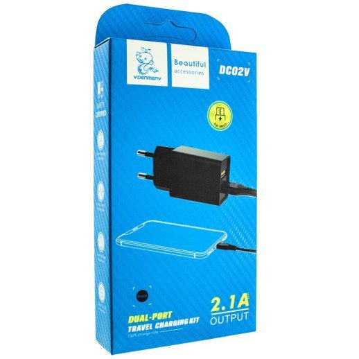 Мережевий зарядний пристрій DENMEN DC02V + CABLE Micro-USB 2.1A 2USB ЧОРНИЙ