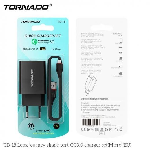 Мережевий Зарядний Пристрій 2in1 Tornado TD-15 Micro QC3.0 1USB