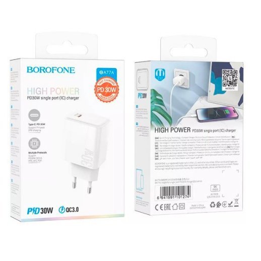 Мережевий зарядний пристрій BOROFONE BA77A Insightful TYPE-C PD 30W, білий