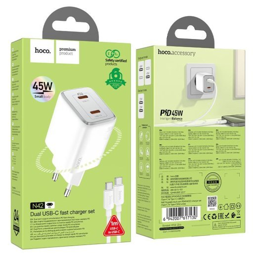 Мережевий зарядний пристрій HOCO N42 2 TYPE-C PD 45W + КАБЕЛЬ Type-C - Type-C, БІЛИЙ